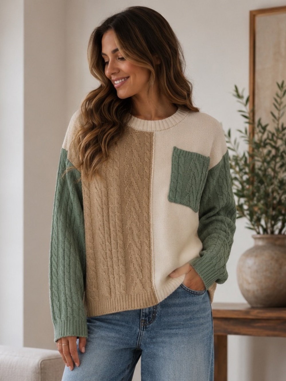 ShopEvelynne Cable Knit Colorblock Sweater - Cream, Beige & Sage